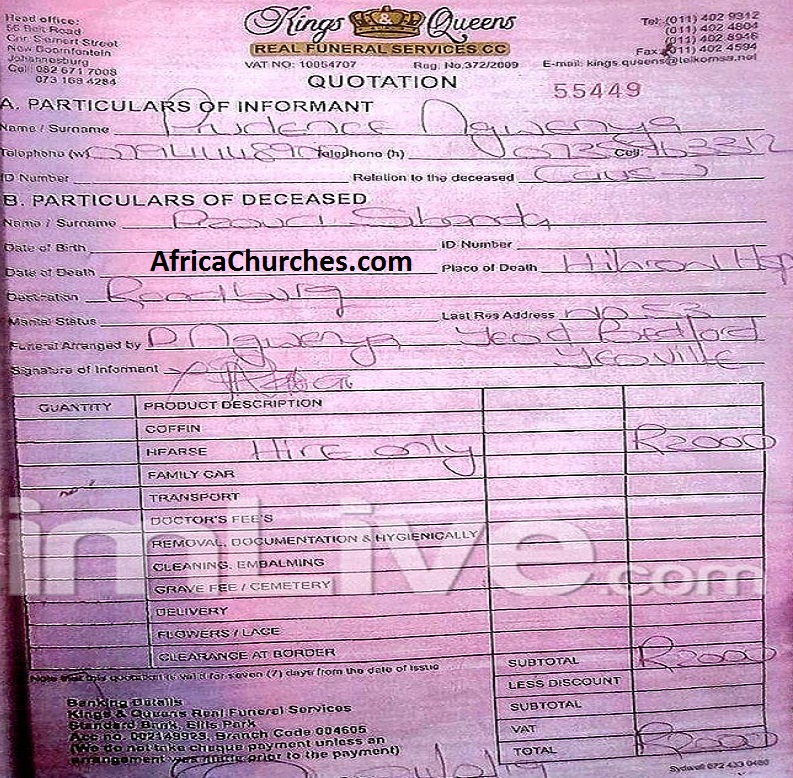 Kings & Queens - Real Funeral Services CC Receipt