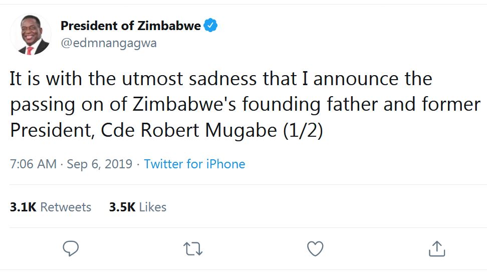 Robert Mugabe, former strongman of Zimbabwe Politics, dies aged 95